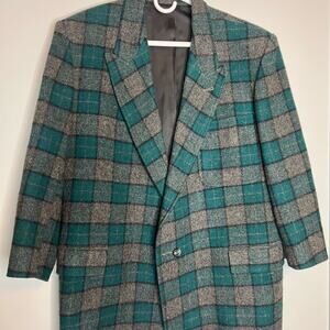 Touché Uomo 100% Wool Blazer Italian Made Size 50 Green Plaid Pattern Has Pocket